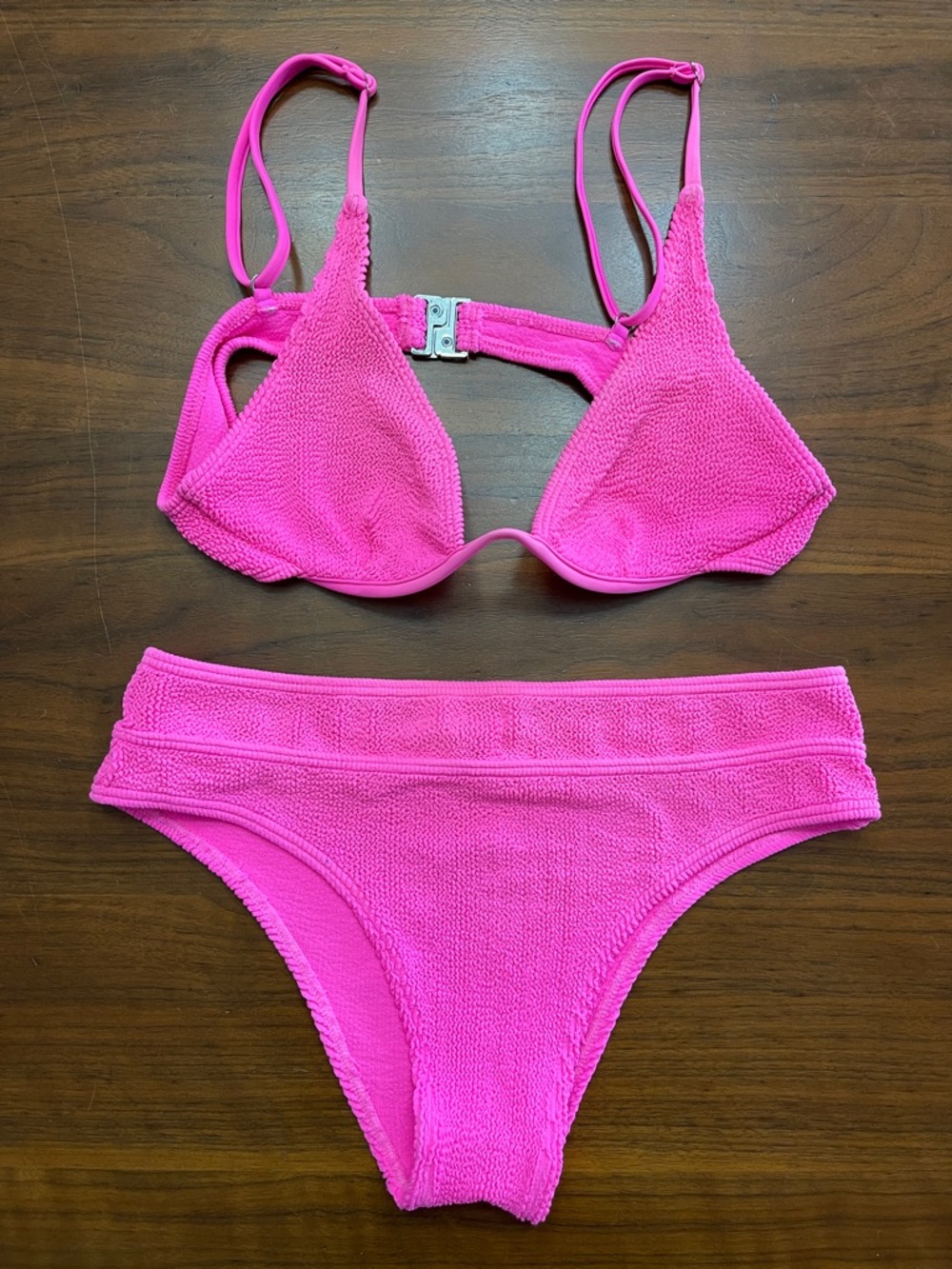 Love & Bikinis Hot Pink Textured Bikini Set - One Size Women Swim Bikini